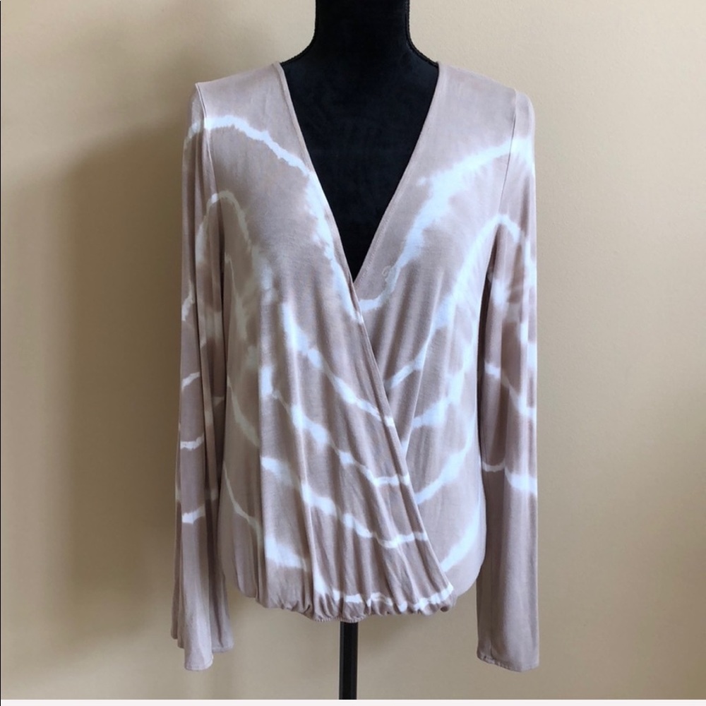 Delacy Wrap Draped Tie Dye Knit Top Flare Sleeves